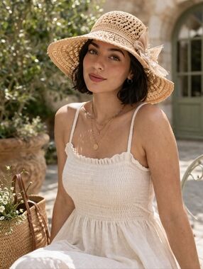 Ribbon Chiffon Lace Crochet Pearl Bow Wide Brim Derby Perisian Sun Hat